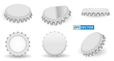 set of realistic crown bottle caps aluminium isolated or beer lemonade bottle cap metallic lid or glassware alcohol bottle of drink. eps vectorのイラスト素材