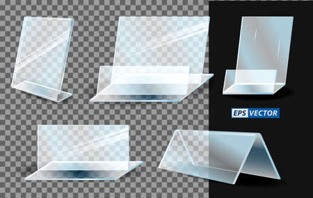 set of realistic acrylic blank transparent plastic or stand holder acrylic for banner or menu paper holder stand glass. eps vectorのイラスト素材