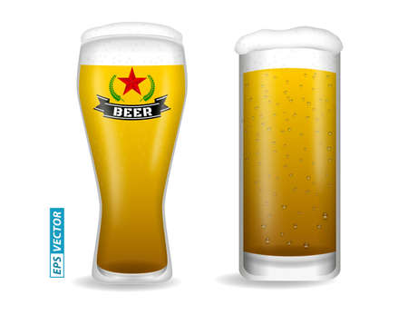 set of realistic beer glasses isolated or vertical close up beer full glass with bubble. eps vectorのイラスト素材