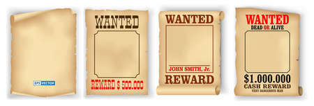 set of realistic wanted poster isolated or vintage scroll parchment manuscripts or grunge old paper brown poster template. eps vectorのイラスト素材
