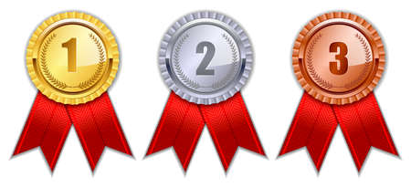 set of realistic badge award isolated or winner award competition badge or reward ribbon elegant concept. eps vectorのイラスト素材