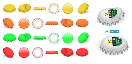 set of realistic crown bottle caps aluminium isolated or beer lemonade bottle cap metallic lid or glassware alcohol bottle of drink. eps vectorのイラスト素材