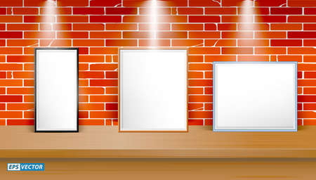 set of realistic blank photo frame on table or blank picture frame with down light or mock up frame poster exhibition concept. eps vectorのイラスト素材