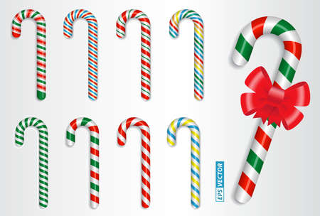 set of realistic candy cane christmas isolated or crossed sweet candy tied with a bow or sweet traditional gift christmas holiday. eps vectorのイラスト素材
