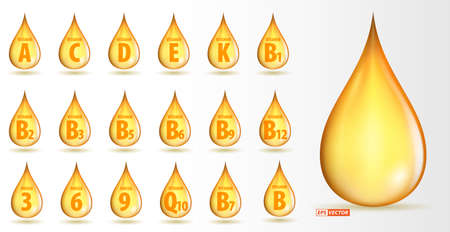 set of realistic vitamin gold oil drop isolated or golden liquid droplet vitamins or omega fatty acid epa dha retinol. eps vectorのイラスト素材