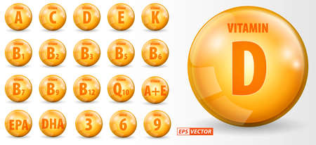 set of realistic vitamin gold oil drop isolated or golden liquid droplet vitamins or omega fatty acid epa dha retinol. eps vectorのイラスト素材