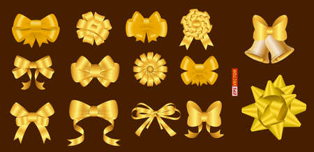 set of realistic red bow ribbon isolated or christmas ribbon decoration golden color or new year decoration for gift and banner. eps vectorのイラスト素材