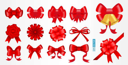 set of realistic red bow ribbon isolated or christmas ribbon decoration golden color or new year decoration for gift and banner. eps vectorのイラスト素材
