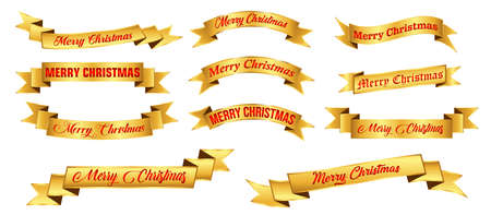set or realistic christmas gold red ribbon banner or paper banners christmas greeting or congratulation christmas badge concept. eps vectorのイラスト素材