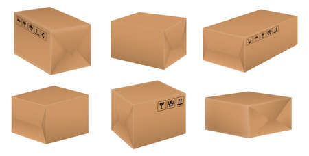 set of realistic brown cardboard isolated or mock up fragile packaging or packaging online shop store. eps vectorのイラスト素材