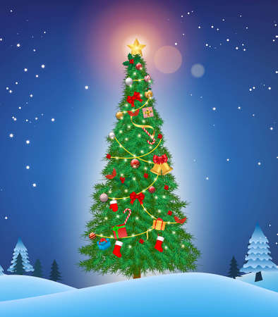 realistic christmas tree with decoration or luxury fir christmas tree with star lamp and gift box or decoration christmas template for banner. eps vectorのイラスト素材