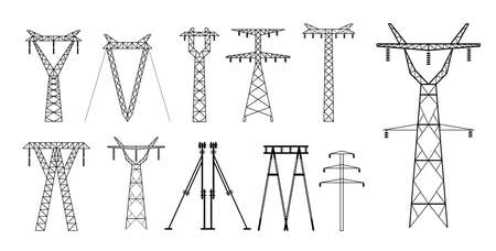 set of high voltage electric line icon or towers high voltage pylons power transmission or electric pylons pole network. eps vectorのイラスト素材