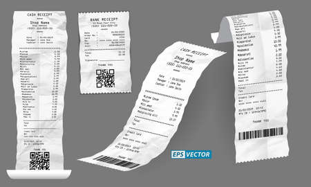 set of realistic cash register sales receipt isolated or cash receipt printed white paper or printout thermal rolled paper. eps vectorのイラスト素材