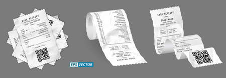 set of realistic cash register sales receipt isolated or cash receipt printed white paper or printout thermal rolled paper. eps vectorのイラスト素材