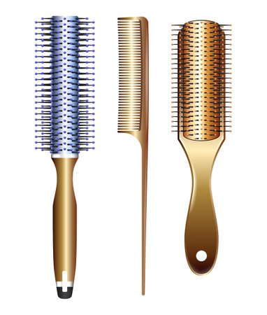set of realistic hairbrush isolated or hot curling radial brush comb or barbershop equipment tools concept. eps vectorのイラスト素材