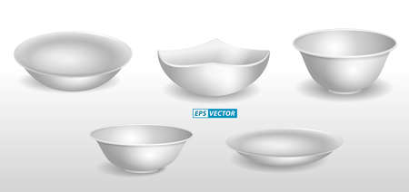 set of realistic blank ceramic plates or bowl dinner dish utensil or blank plate white meal for breakfast and dining. eps vectorのイラスト素材