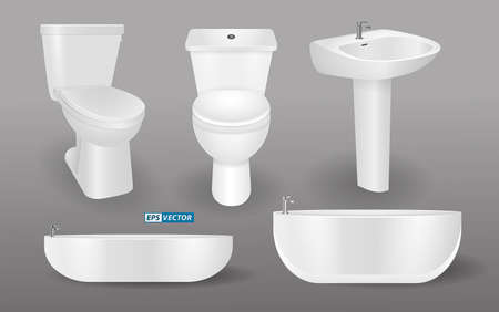 set of realistic bathroom toilet or sink white bathtub washroom isolated. eps vectorのイラスト素材