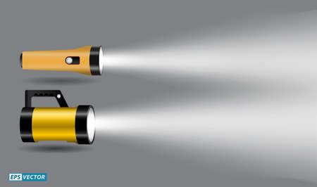 set of realistic flashlights with beams or handy electric flash light with spotlight or camping lamp for searching on night. eps vectorのイラスト素材
