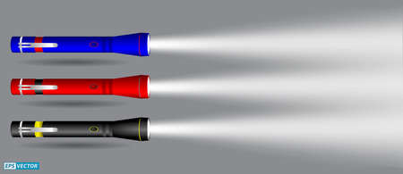 set of realistic flashlights with beams or handy electric flash light with spotlight or camping lamp for searching on night.のイラスト素材