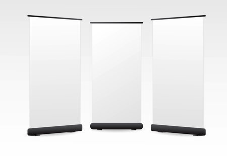 set of realistic trade exhibition banner stand or white blank exhibition kiosk or stand booth corporate commercial.のイラスト素材
