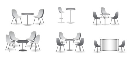set of realistic trade exhibition chair and table or white blank exhibition kiosk or stand booth corporate commercial.のイラスト素材