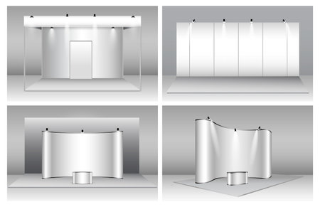 set of realistic trade exhibition stand or white blank exhibition kiosk or stand booth corporate commercial. eps vectorのイラスト素材