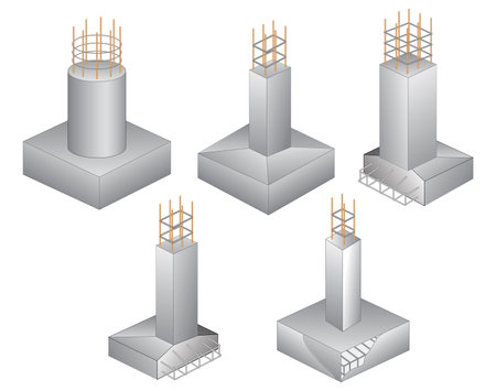 Set of steel column foundation in reinforced concrete block. 3D Illustrationのイラスト素材