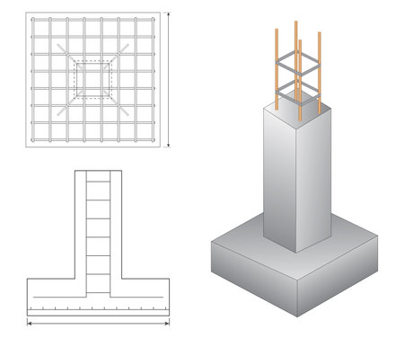 Set of steel column foundation in reinforced concrete block. 3D Illustrationのイラスト素材