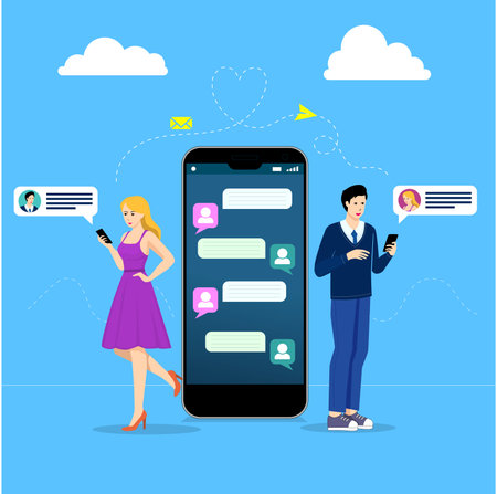 Vector illustration of a man and woman with mobile phones. Flat design style.