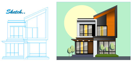 Two-storey house on a white background. Vector illustration.の写真素材
