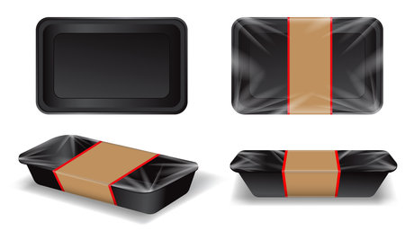 Set of black plastic food containers with blank label. Vector illustration.の写真素材