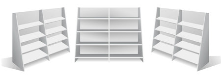 Illustration of a set of empty white shelves on a white backgroundの写真素材