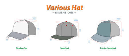 Set of Baseball Cap Dimensions, Various Hat Dimensions, Trucker Cap, Snapback, and Trucker Snapback, Design and Structure Illustration, isolated on whiteの写真素材