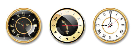 Set of Realistic Vintage Clock golden colored or Ornate Clock Hands Collection isolated.のイラスト素材