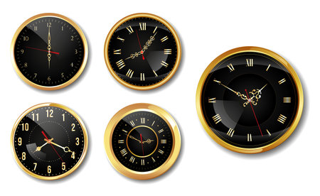 Set of Realistic Vintage Clock golden colored or Ornate Clock Hands Collection isolated.のイラスト素材