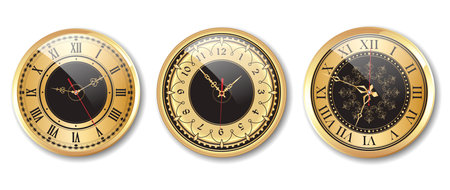 Set of Realistic Vintage Clock golden colored or Ornate Clock Hands Collection isolated.のイラスト素材
