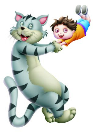 A  boy and a cat playing togetherの写真素材