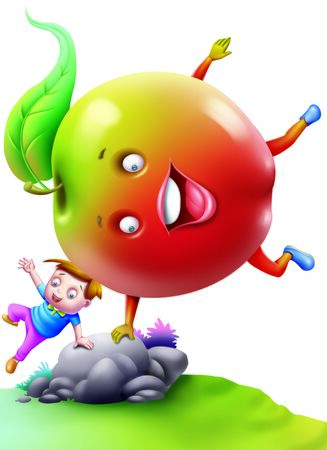 A boy and an apple playing on the rockの写真素材