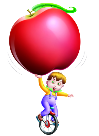 A boy cycling and holding a big appleの写真素材