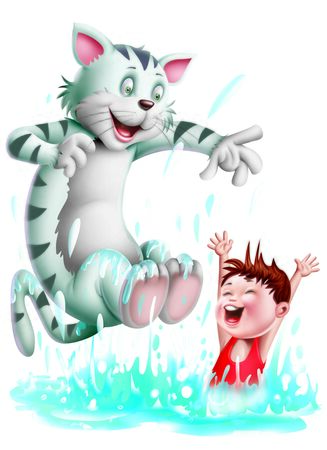A boy and a cat playing with waterの写真素材