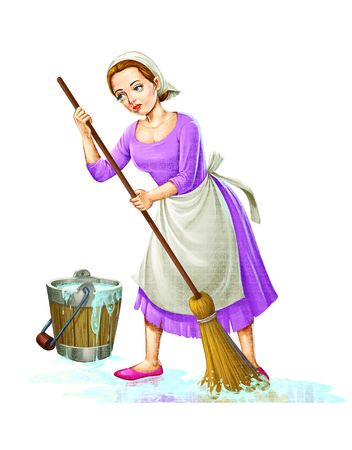 Servant lady washes floor with waterの写真素材