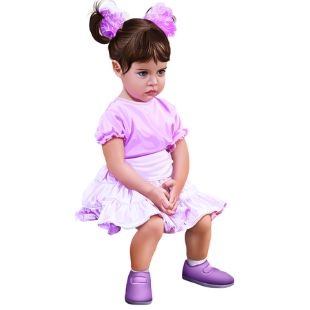 Sad little girl with pink bows sitting on birch logの写真素材
