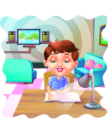 Boy studying near table lampの写真素材