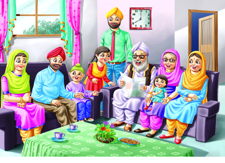 A Sikh family sits on a sofaの写真素材