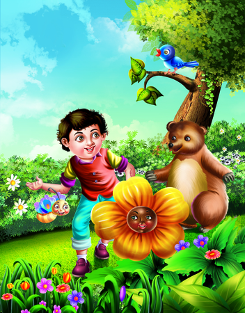 Boy with bear in parkの写真素材
