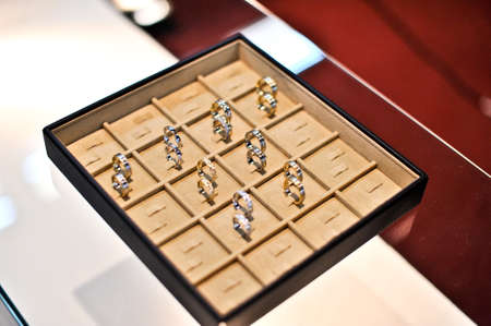 Golden wedding rings. Luxury wedding rings made by gold inside the box.の写真素材