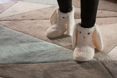 Warm Women`s indoor shoes for cold season. Home bunny white slippers special shoes for women's.