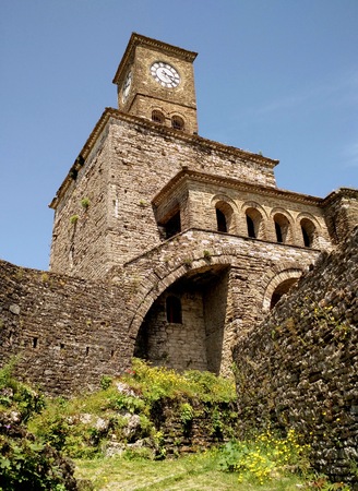 View of clock tower within the walls of GjirokastÃ«r Castle, Albaniaのeditorial素材