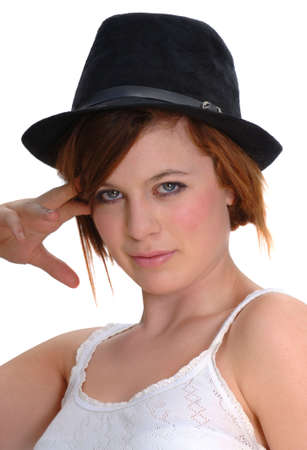 Redhead Fashion Model on white with hatの写真素材