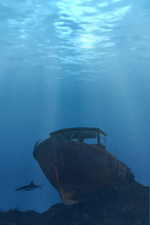 Deep wreck with shark loomingの写真素材